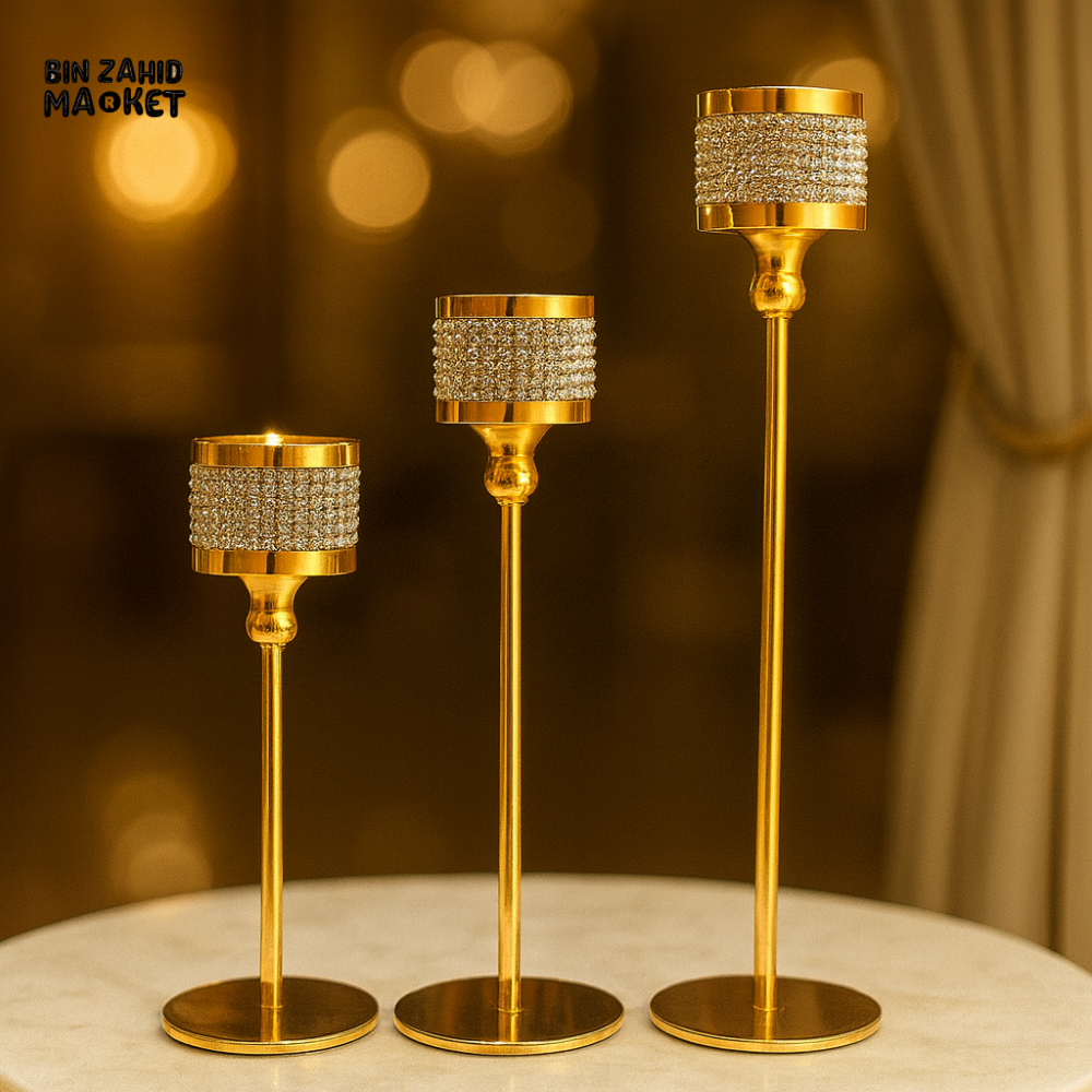 PREMIUM GOLDEN CANDLE HOLDER TRIO – CRYSTAL-EMBELLISHED CUPS