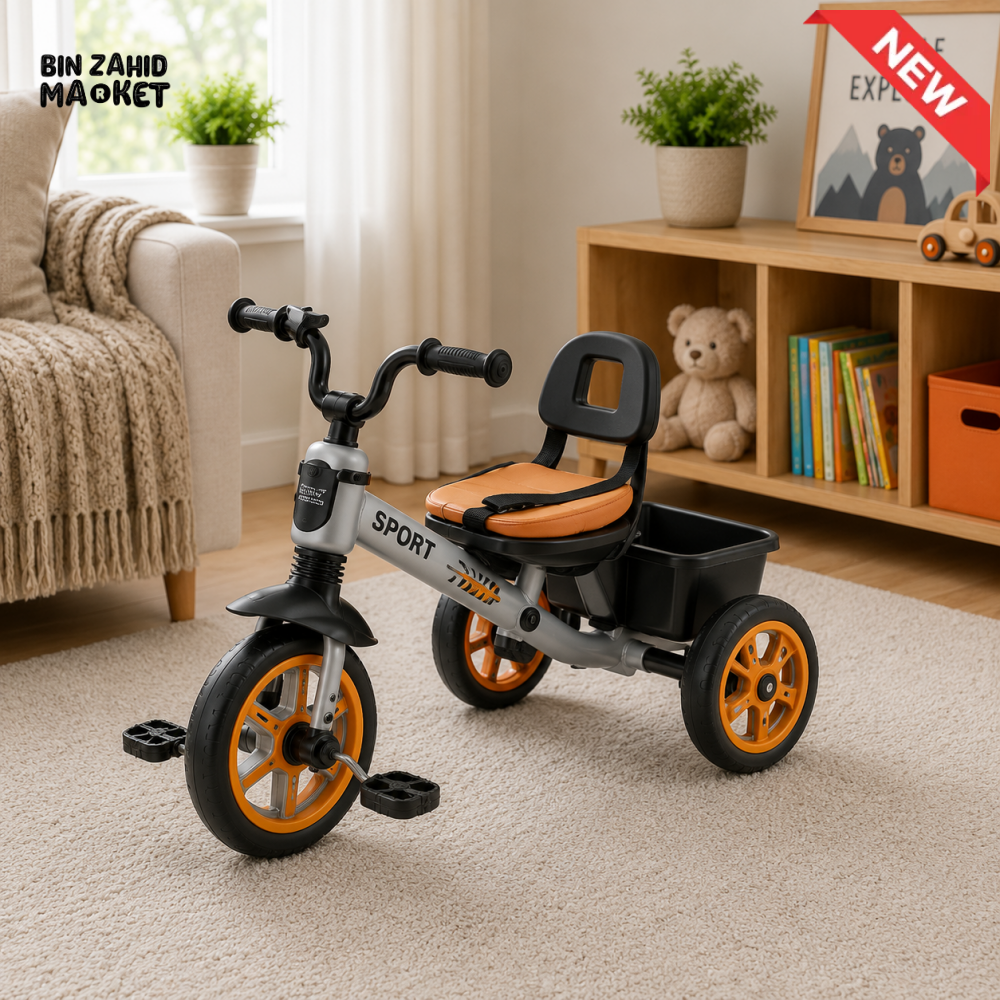 PREMIUM KIDS PEDAL TRICYCLE WITH CANOPY HANDLE - ORANGE