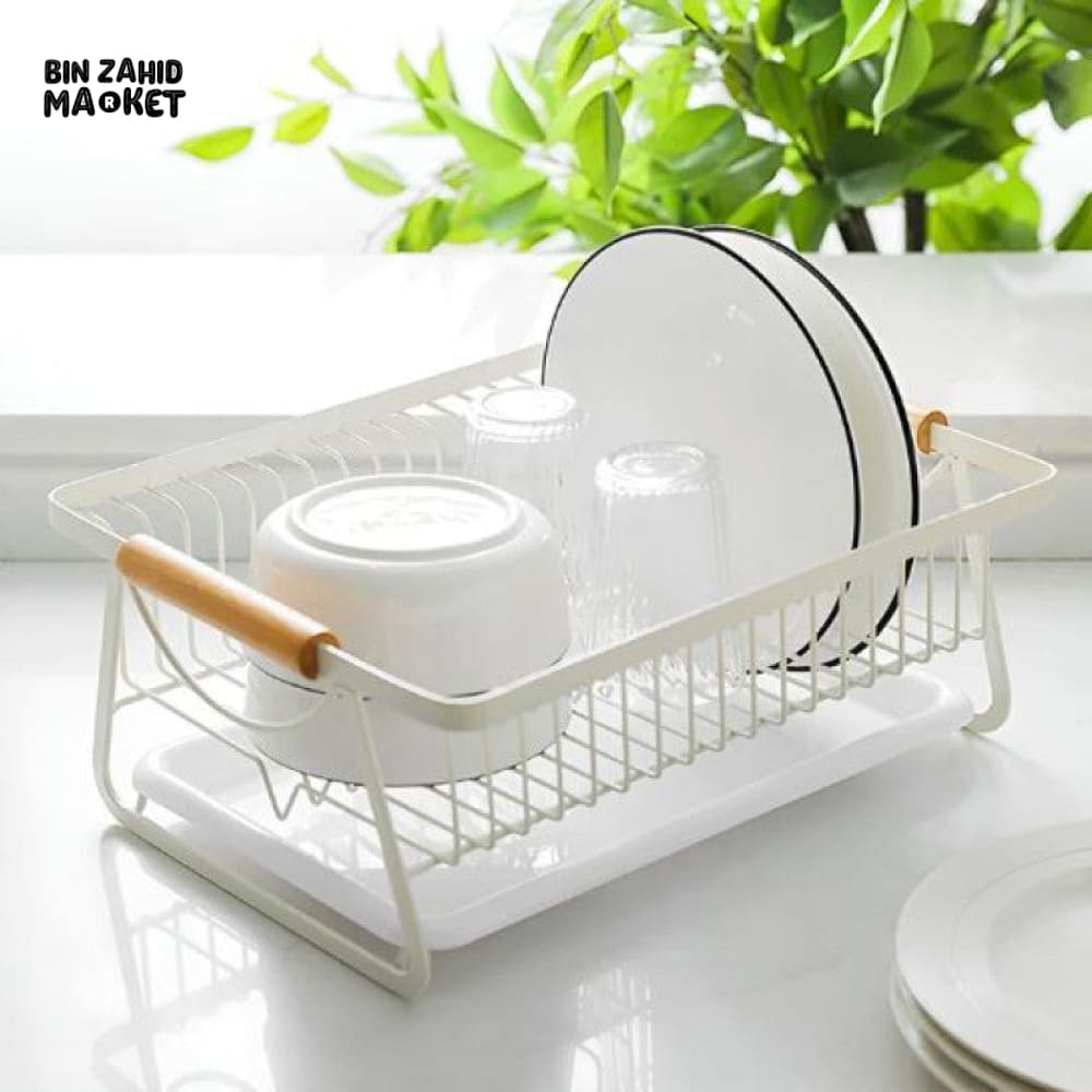 PREMIUM KITCHEN DISH RACK – METAL FRAME WITH WOOD HANDLES & WATER DRAIN TRAY
