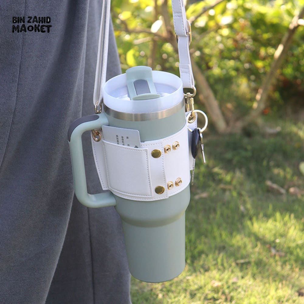 PREMIUM LEATHER SHOULDER BAG FOR STANLEY MUGS | LUXURY PORTABLE WATER BOTTLE CARRIER WITH ADJUSTABLE STRAP FOR TRAVEL & EVERYDAY USE