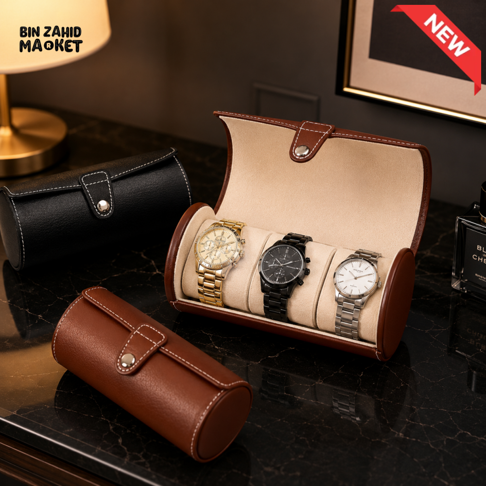 PREMIUM LEATHER WATCH STORAGE ROLL CASE - 3 SLOTS