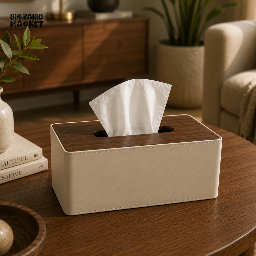 PREMIUM LEATHER & WOOD TISSUE BOX HOLDER - SAND BEIGE