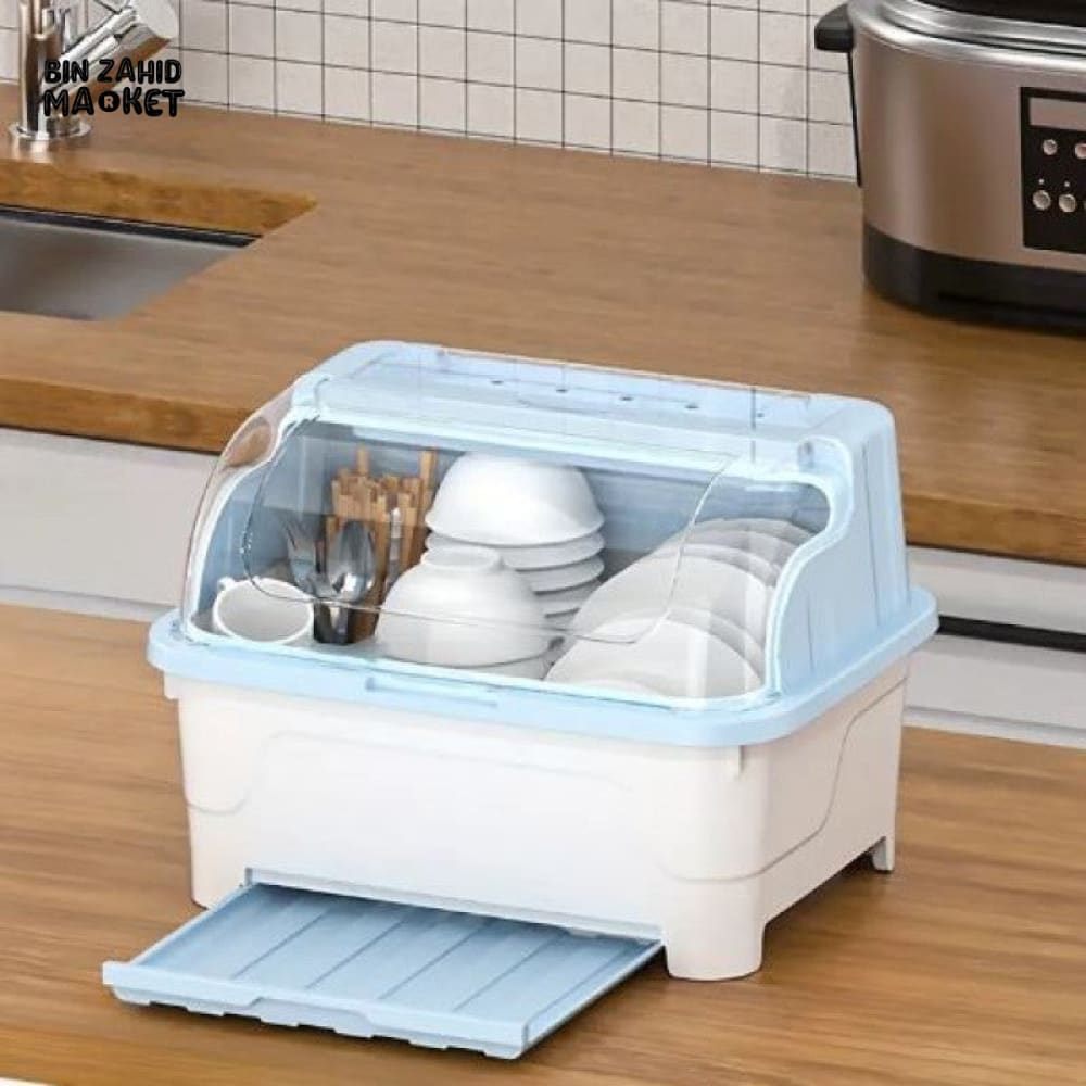 PREMIUM MULTI-FUNCTIONAL DUSTPROOF KITCHEN DISH STORAGE BOX WITH LID - BLUE WHITE