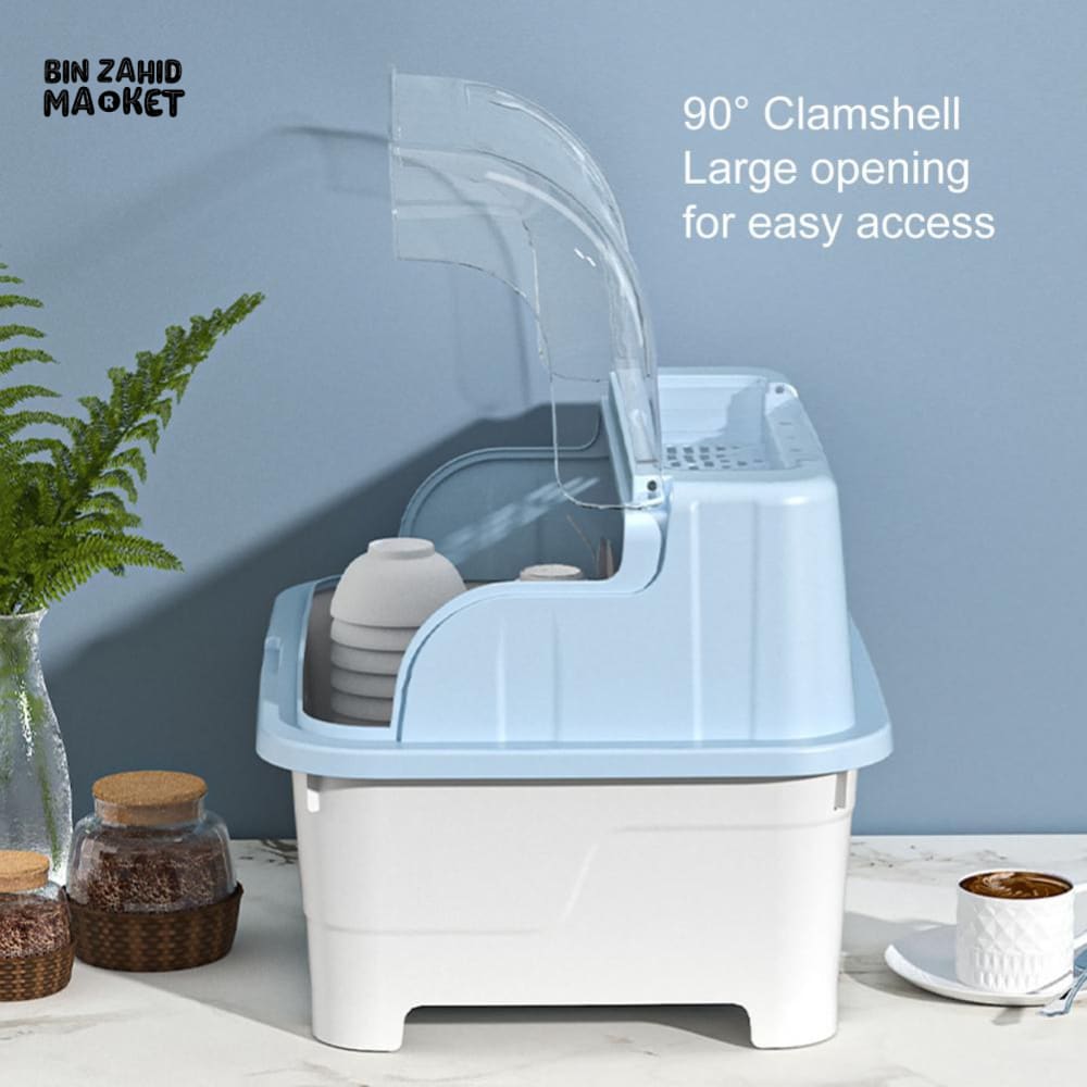 PREMIUM MULTI-FUNCTIONAL DUSTPROOF KITCHEN DISH STORAGE BOX WITH LID - BLUE WHITE