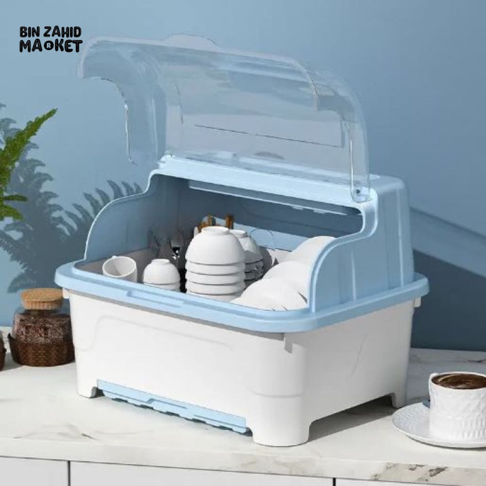 PREMIUM MULTI-FUNCTIONAL DUSTPROOF KITCHEN DISH STORAGE BOX WITH LID - BLUE WHITE