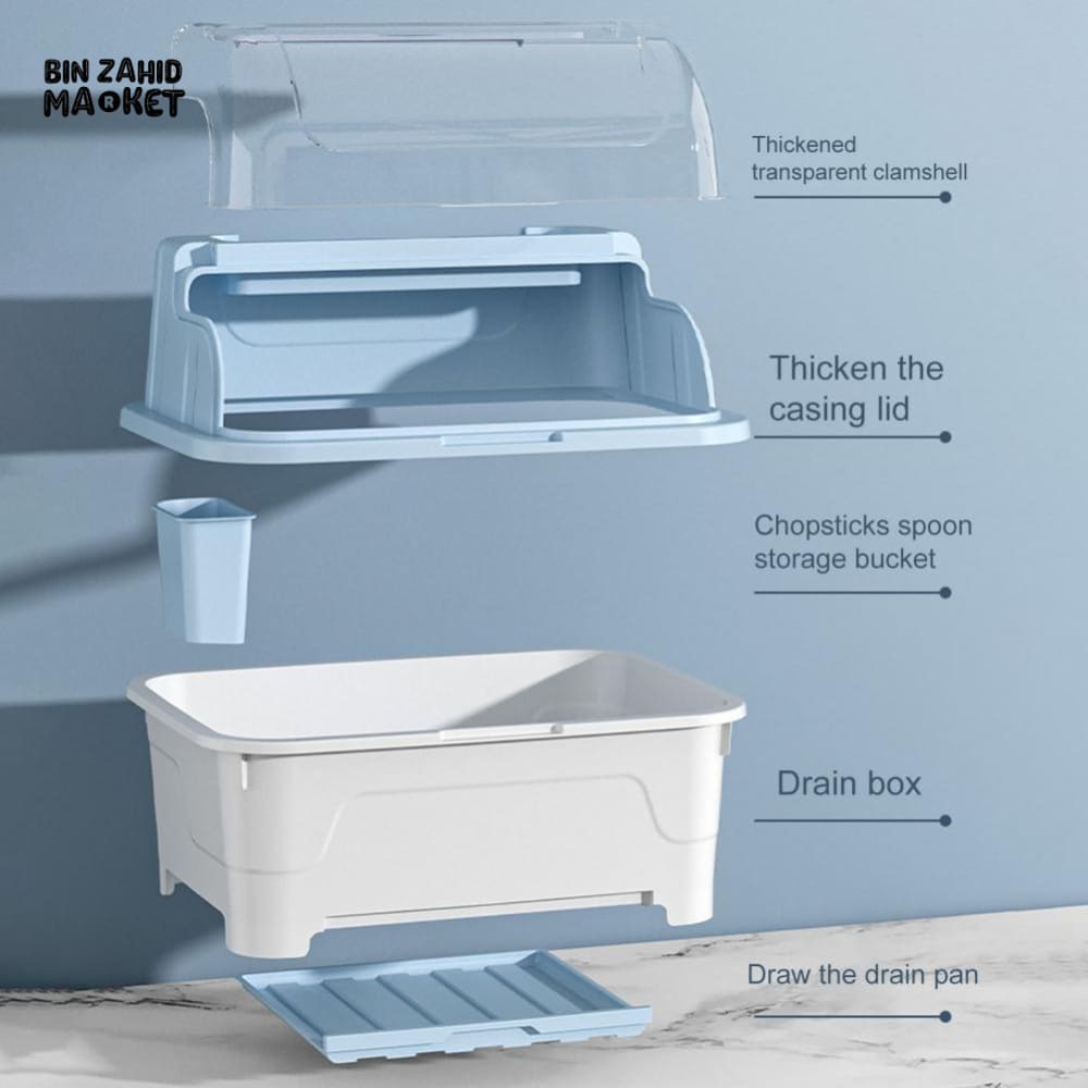 PREMIUM MULTI-FUNCTIONAL DUSTPROOF KITCHEN DISH STORAGE BOX WITH LID - BLUE WHITE