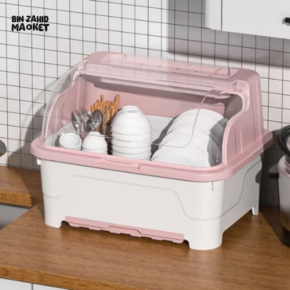 PREMIUM MULTI-FUNCTIONAL DUSTPROOF KITCHEN DISH STORAGE BOX WITH LID - PINK WHITE