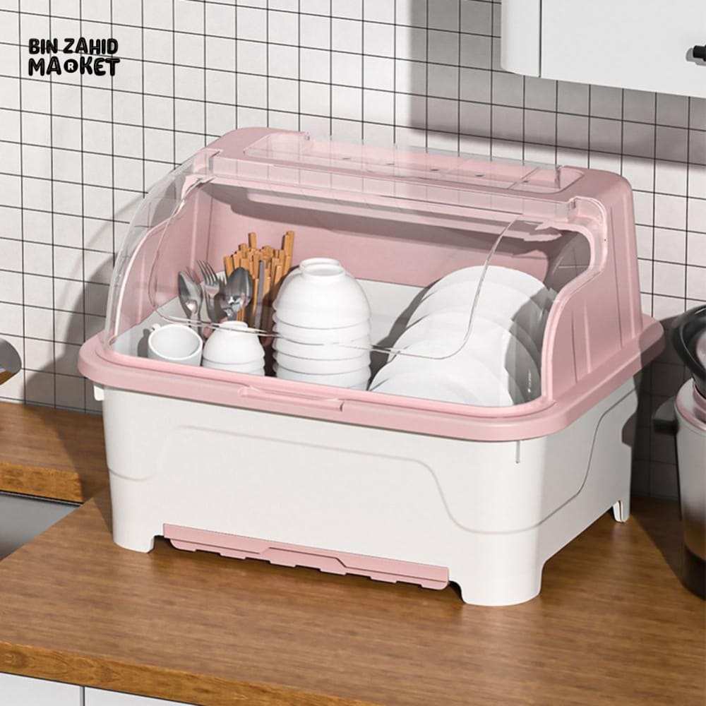 PREMIUM MULTI-FUNCTIONAL DUSTPROOF KITCHEN DISH STORAGE BOX WITH LID - PINK WHITE
