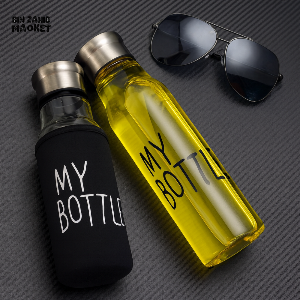 PREMIUM MY GLASS BOTTLE – REUSABLE WATER BOTTLE WITH PROTECTIVE SLEEVE & STAINLESS STEEL LID