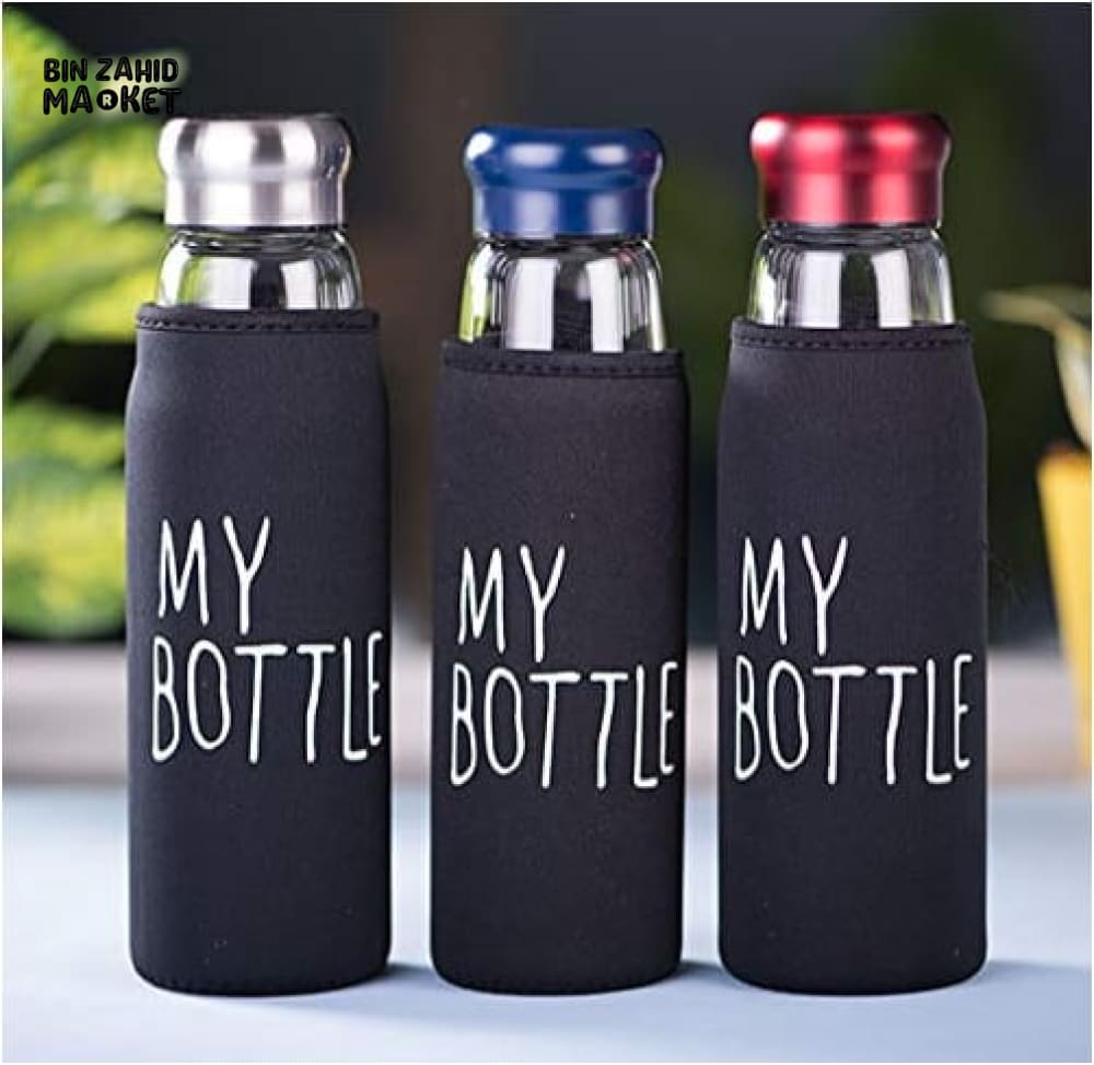 PREMIUM MY GLASS BOTTLE – REUSABLE WATER BOTTLE WITH PROTECTIVE SLEEVE & STAINLESS STEEL LID