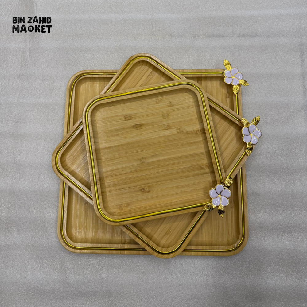 PREMIUM NESTED BAMBOO SERVING TRAY SET WITH GOLDEN ACCENTS 3 PIECES SET