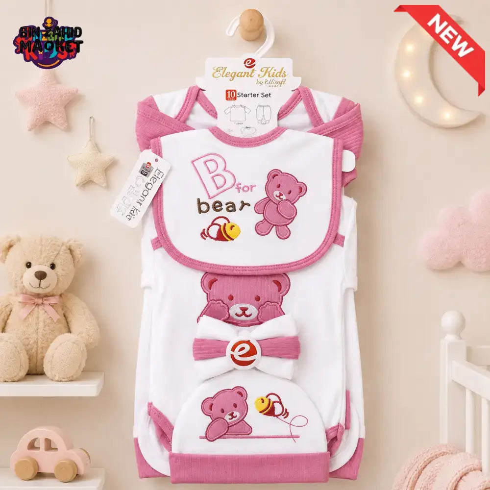 PREMIUM NEWBORN BABY STARTER GIFT SET – B FOR BEAR DESIGN (PINK & WHITE)