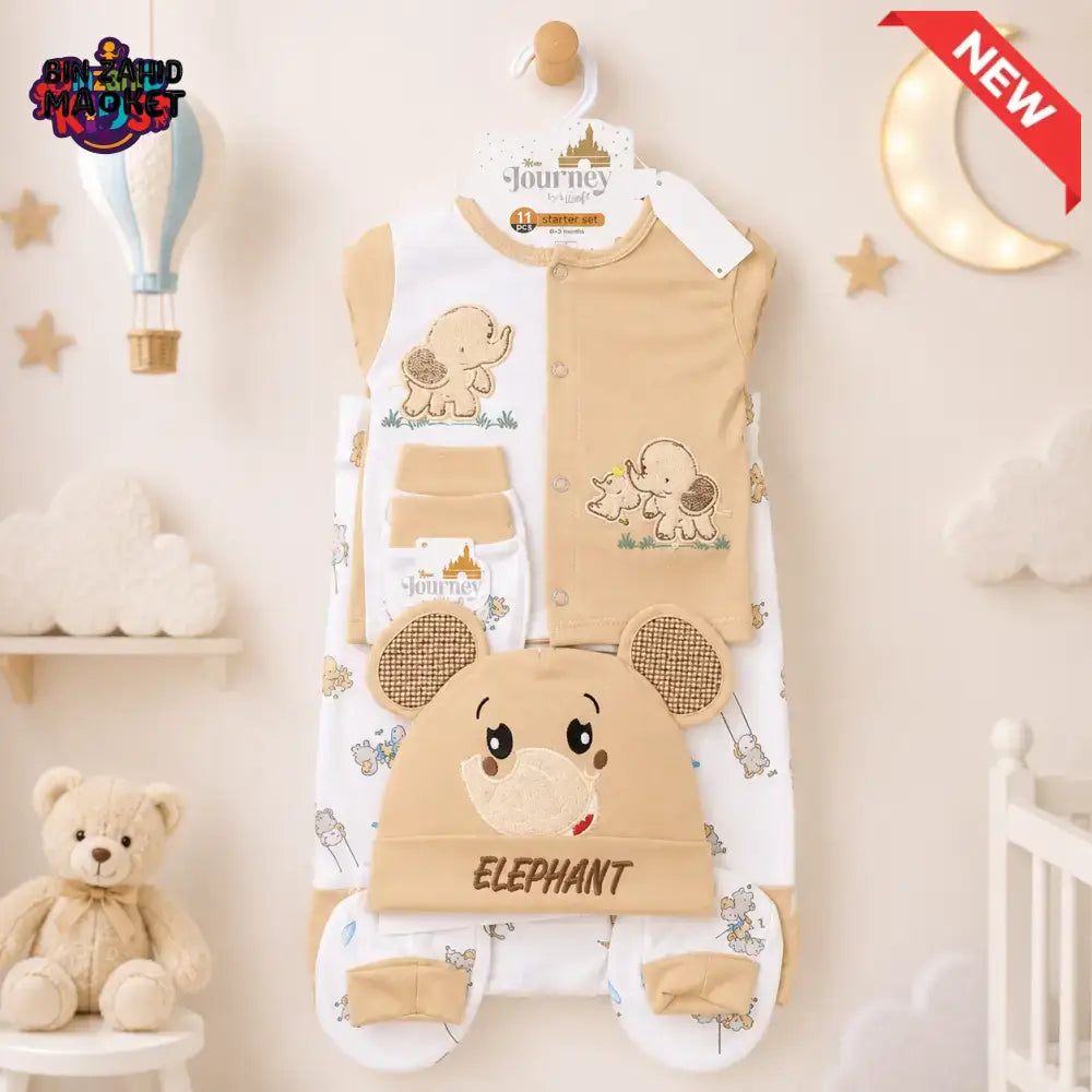 PREMIUM NEWBORN BABY STARTER GIFT SET – CUTE ELEPHANT DESIGN (BEIGE & WHITE)