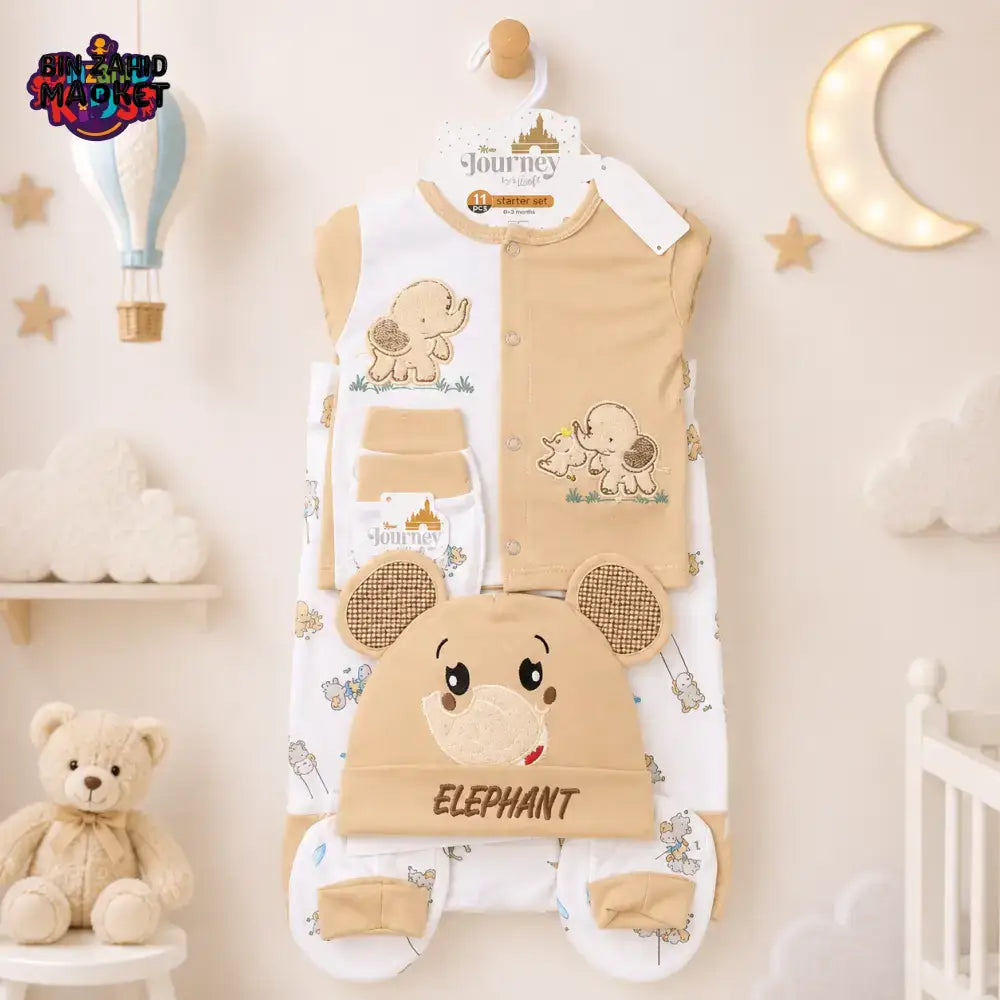 PREMIUM NEWBORN BABY STARTER GIFT SET – CUTE ELEPHANT DESIGN (BEIGE & WHITE)