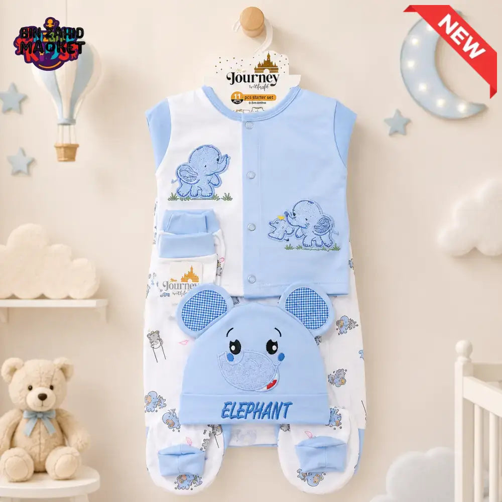 PREMIUM NEWBORN BABY STARTER GIFT SET – CUTE ELEPHANT DESIGN (BABY BLUE & WHITE)