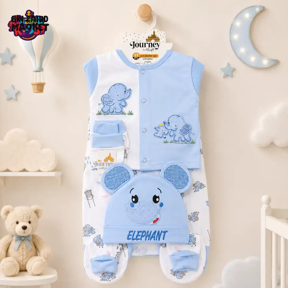 PREMIUM NEWBORN BABY STARTER GIFT SET – CUTE ELEPHANT DESIGN (BABY BLUE & WHITE)