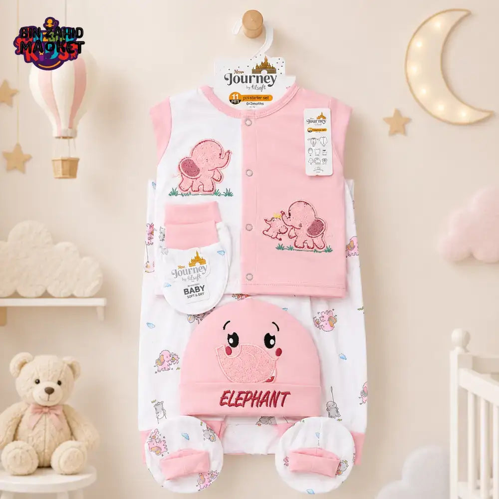 PREMIUM NEWBORN BABY STARTER GIFT SET – CUTE ELEPHANT DESIGN (PINK & WHITE)