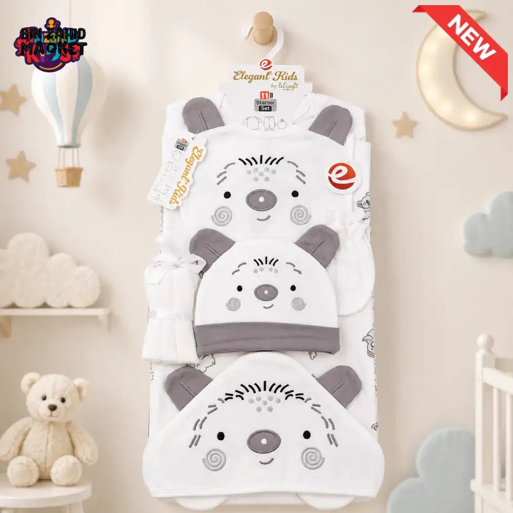 PREMIUM NEWBORN BABY STARTER GIFT SET – CUTE TEDDY BEAR DESIGN (WHITE & GREY)