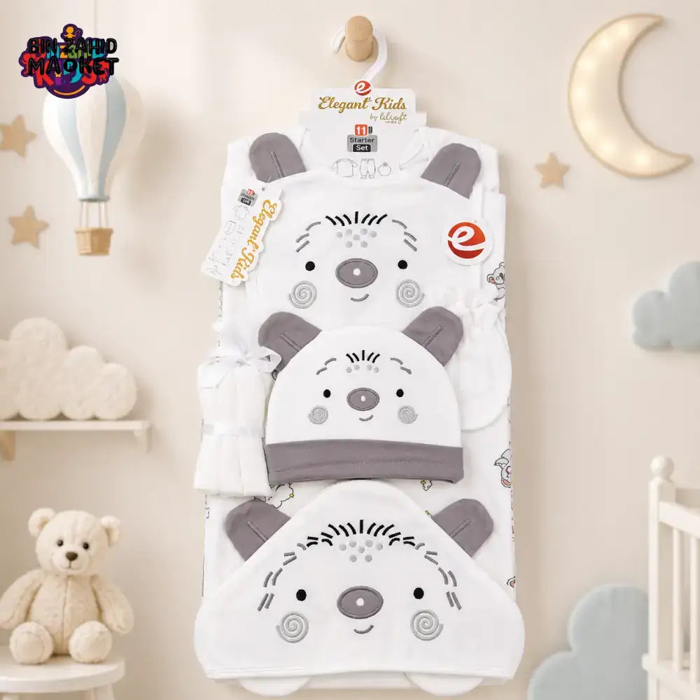 PREMIUM NEWBORN BABY STARTER GIFT SET – CUTE TEDDY BEAR DESIGN (WHITE & GREY)