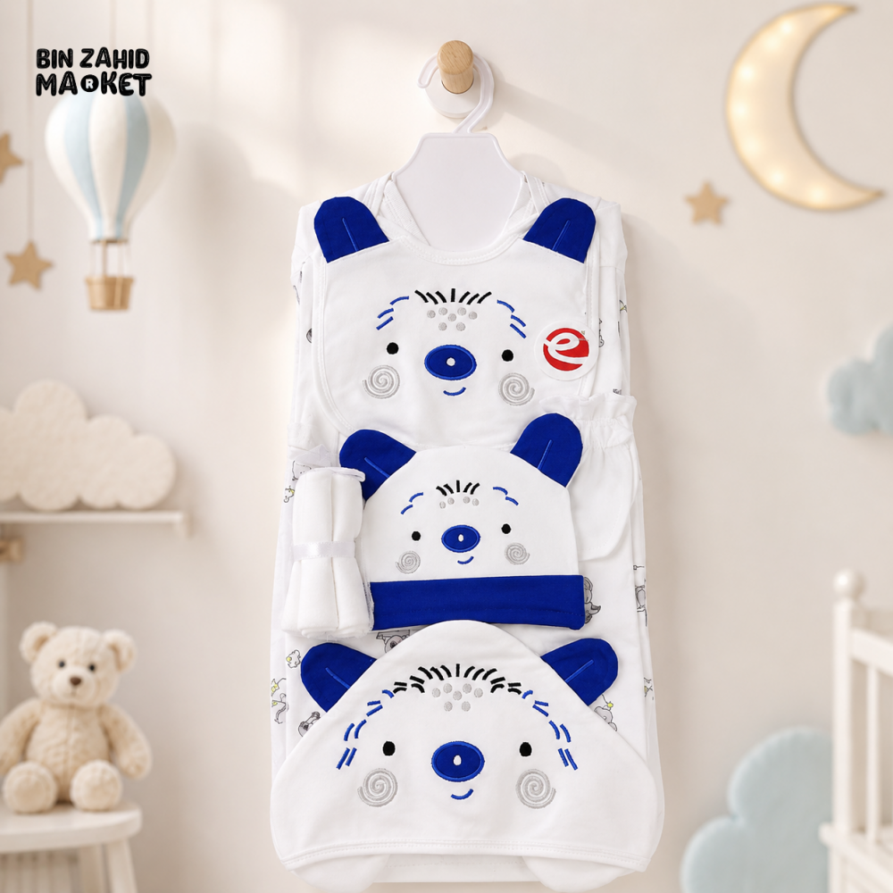 PREMIUM NEWBORN BABY STARTER GIFT SET – CUTE TEDDY BEAR DESIGN (WHITE & ROYAL BLUE)
