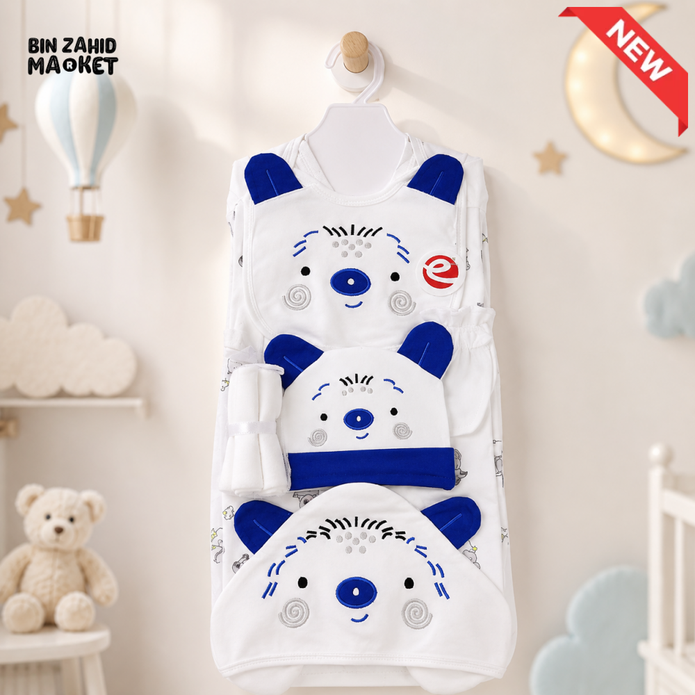 PREMIUM NEWBORN BABY STARTER GIFT SET – CUTE TEDDY BEAR DESIGN (WHITE & ROYAL BLUE)