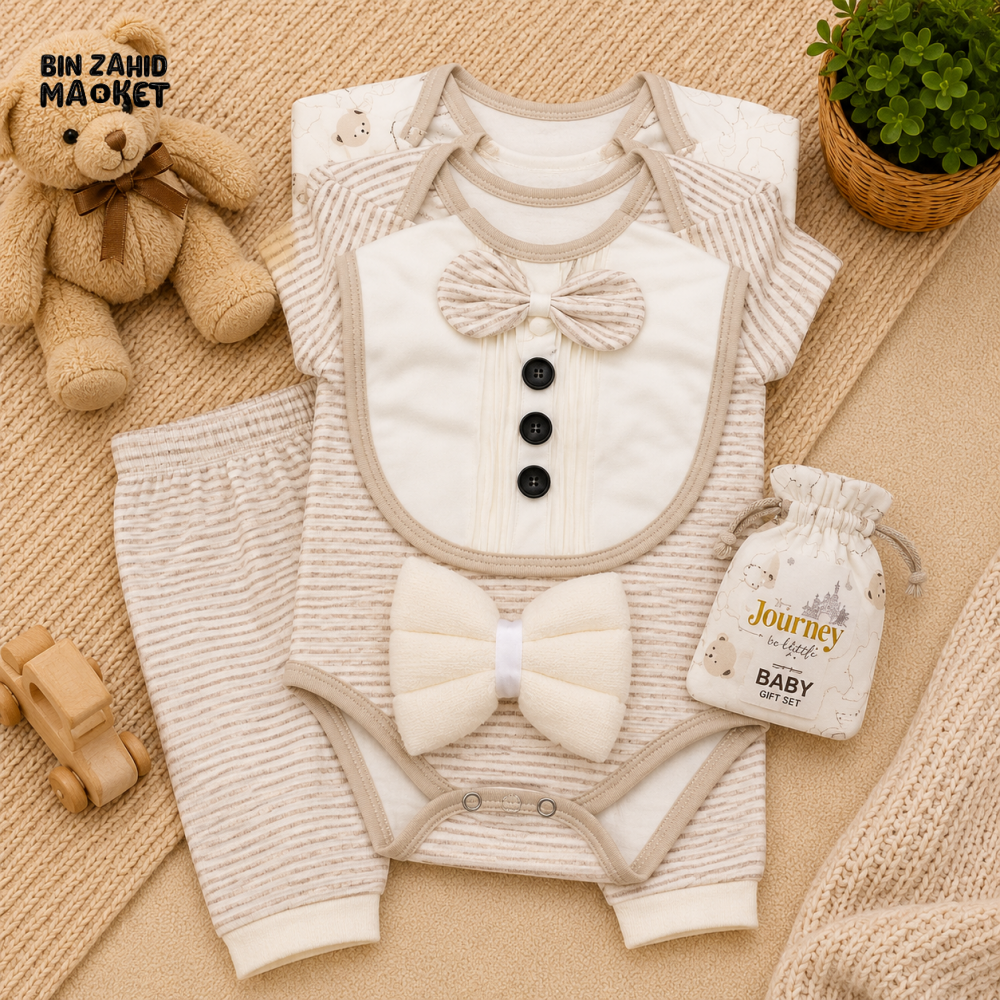 PREMIUM NEWBORN BABY STARTER GIFT SET – GENTLEMAN BOWTIE DESIGN (BEIGE & IVORY)