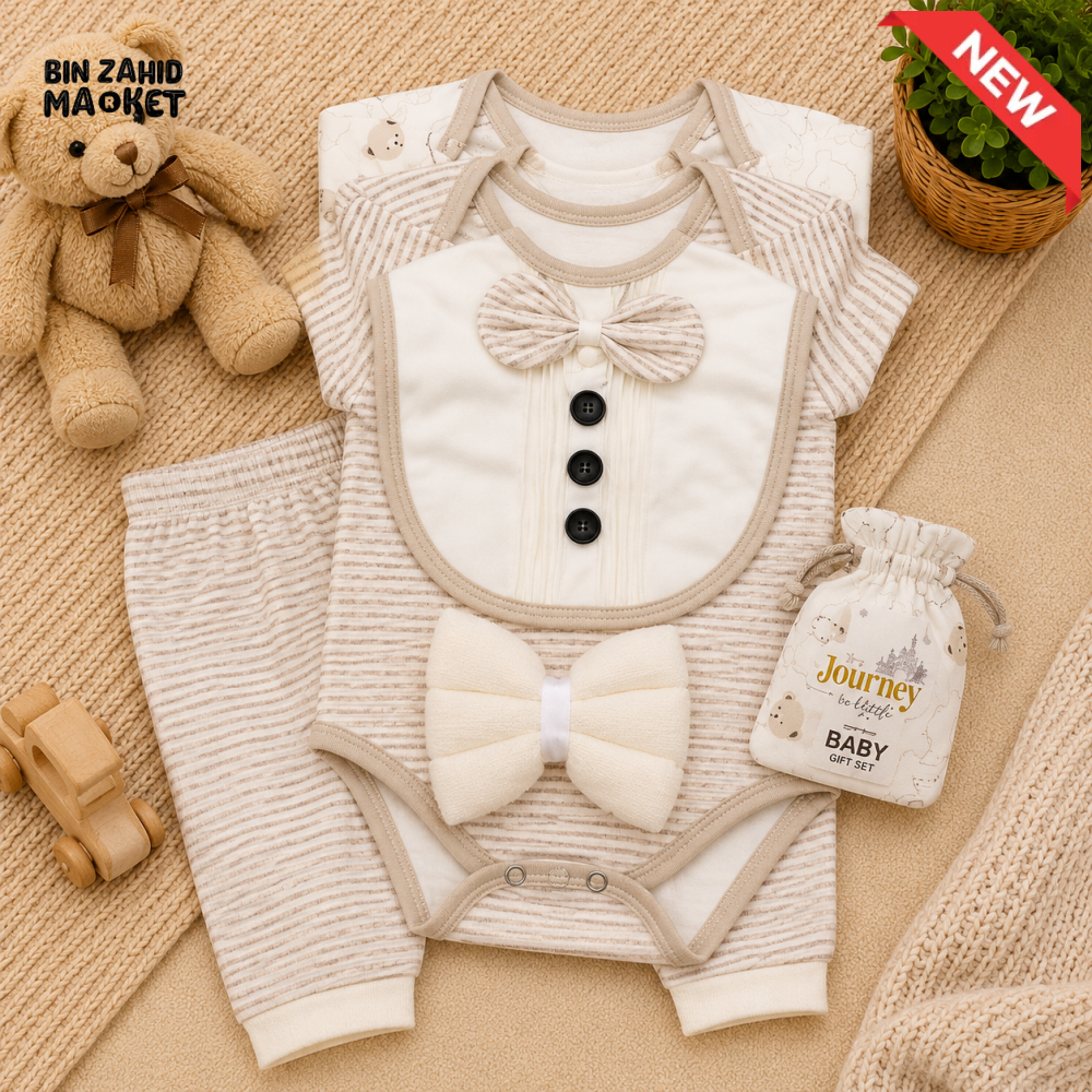 PREMIUM NEWBORN BABY STARTER GIFT SET – GENTLEMAN BOWTIE DESIGN (BEIGE & IVORY)