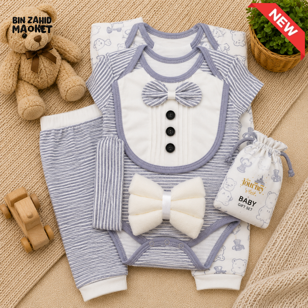 PREMIUM NEWBORN BABY STARTER GIFT SET – GENTLEMAN BOWTIE DESIGN (GREY & WHITE)