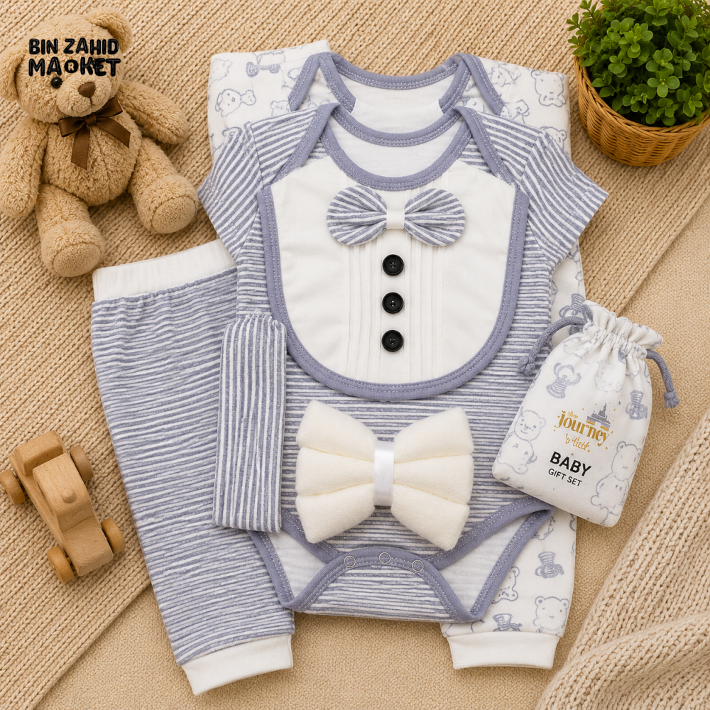 PREMIUM NEWBORN BABY STARTER GIFT SET – GENTLEMAN BOWTIE DESIGN (GREY & WHITE)
