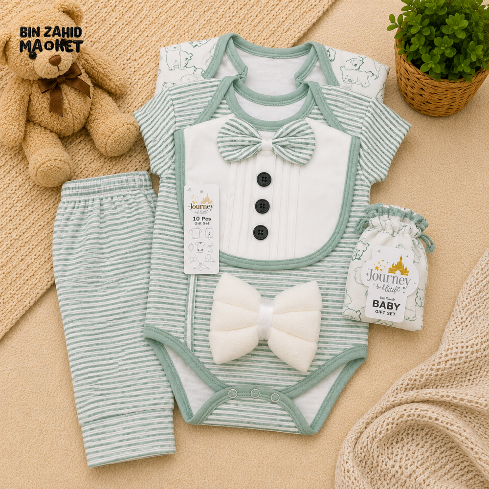 PREMIUM NEWBORN BABY STARTER GIFT SET – GENTLEMAN BOWTIE DESIGN (SAGE GREEN & WHITE)
