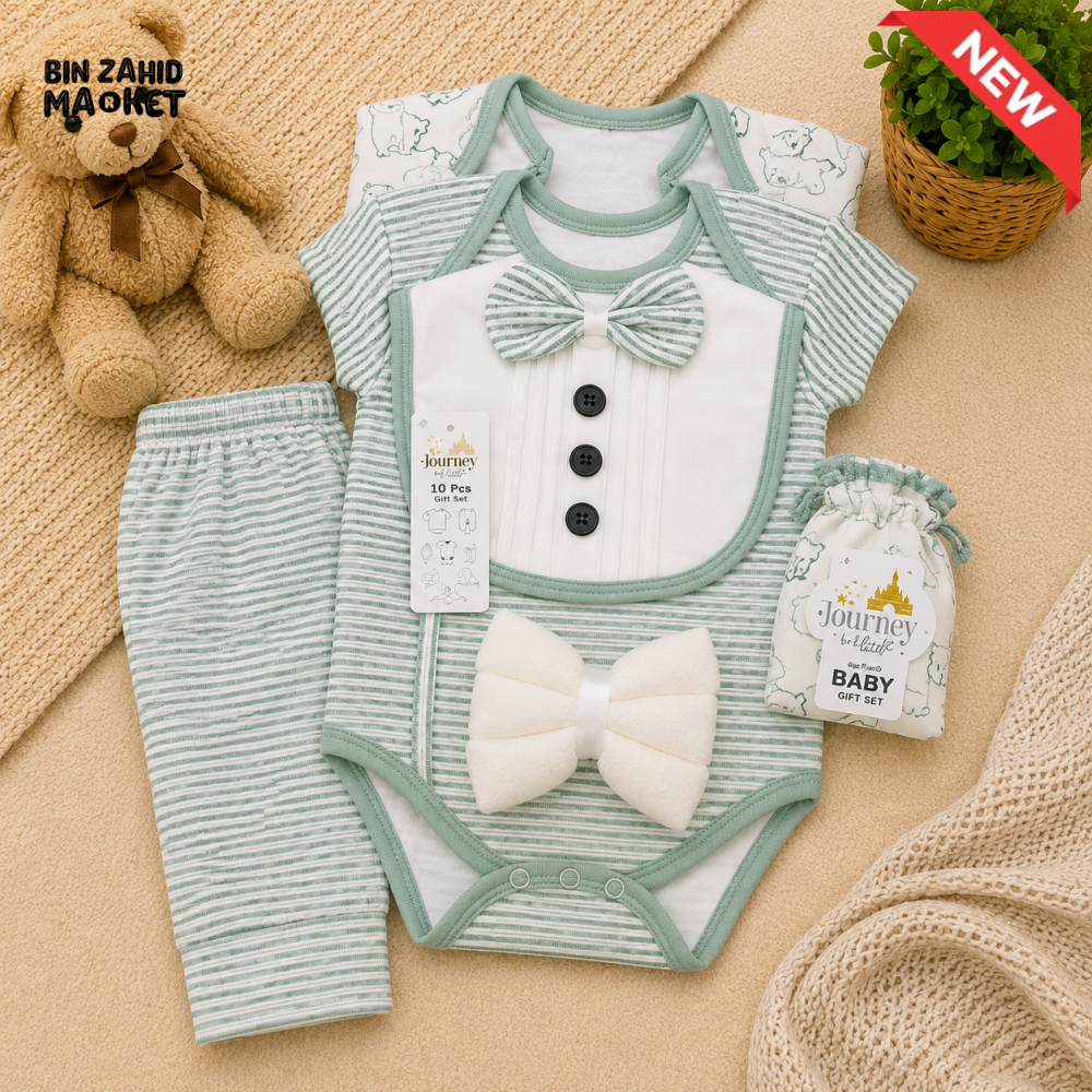 PREMIUM NEWBORN BABY STARTER GIFT SET – GENTLEMAN BOWTIE DESIGN (SAGE GREEN & WHITE)
