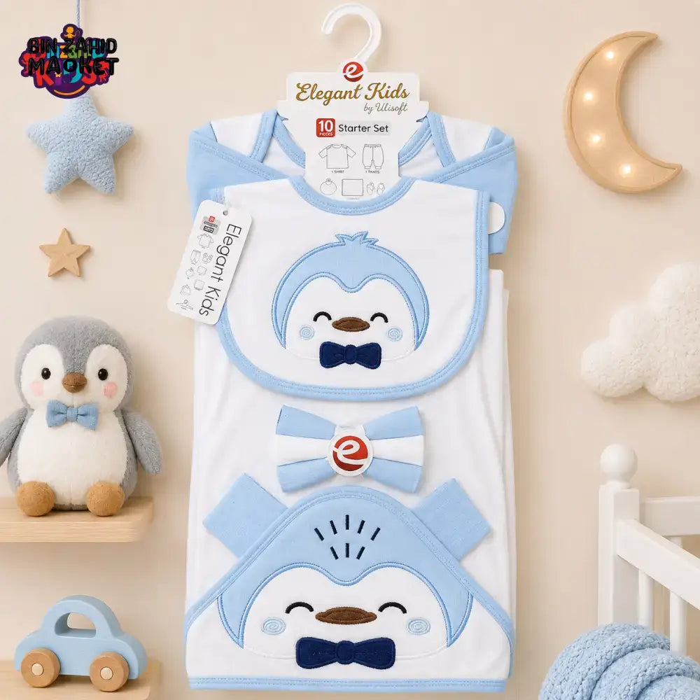 PREMIUM NEWBORN BABY STARTER GIFT SET – GENTLEMAN PENGUIN DESIGN (BABY BLUE & WHITE)