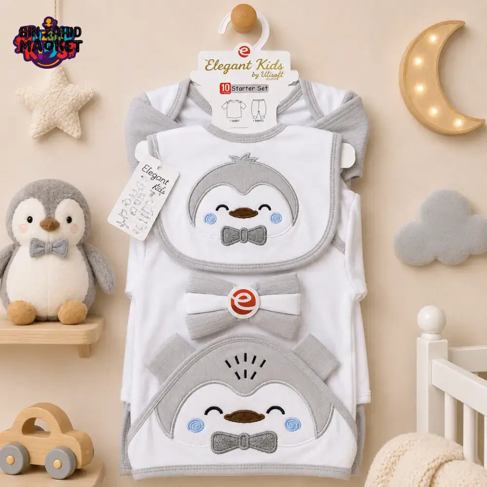 PREMIUM NEWBORN BABY STARTER GIFT SET – GENTLEMAN PENGUIN DESIGN (GREY & WHITE)