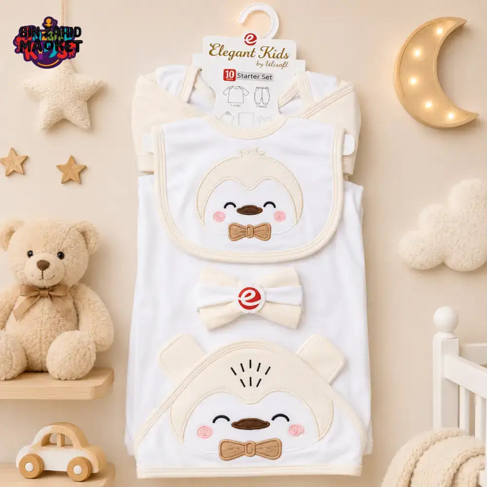 PREMIUM NEWBORN BABY STARTER GIFT SET – GENTLEMAN PENGUIN DESIGN (IVORY & WHITE)