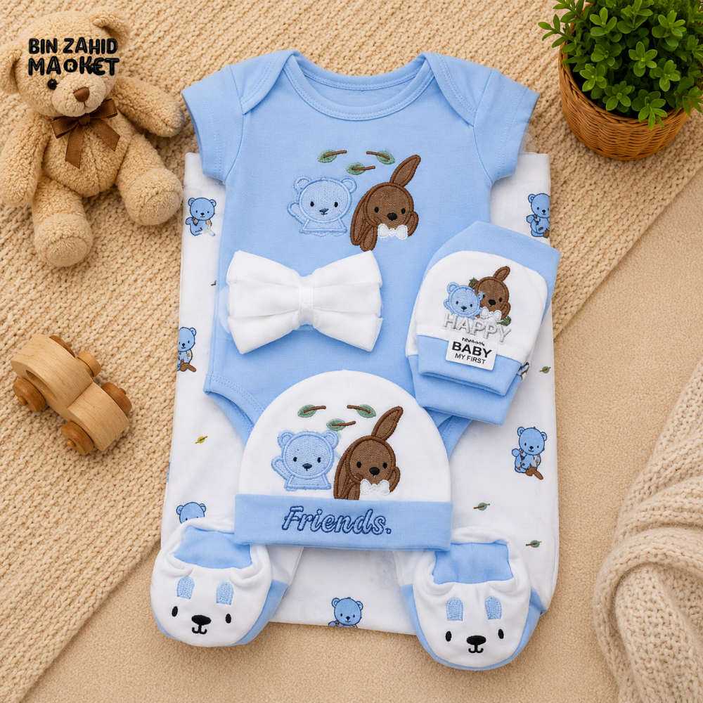 PREMIUM NEWBORN BABY STARTER GIFT SET – TEDDY & BUNNY FRIENDS DESIGN (BABY BLUE & WHITE)
