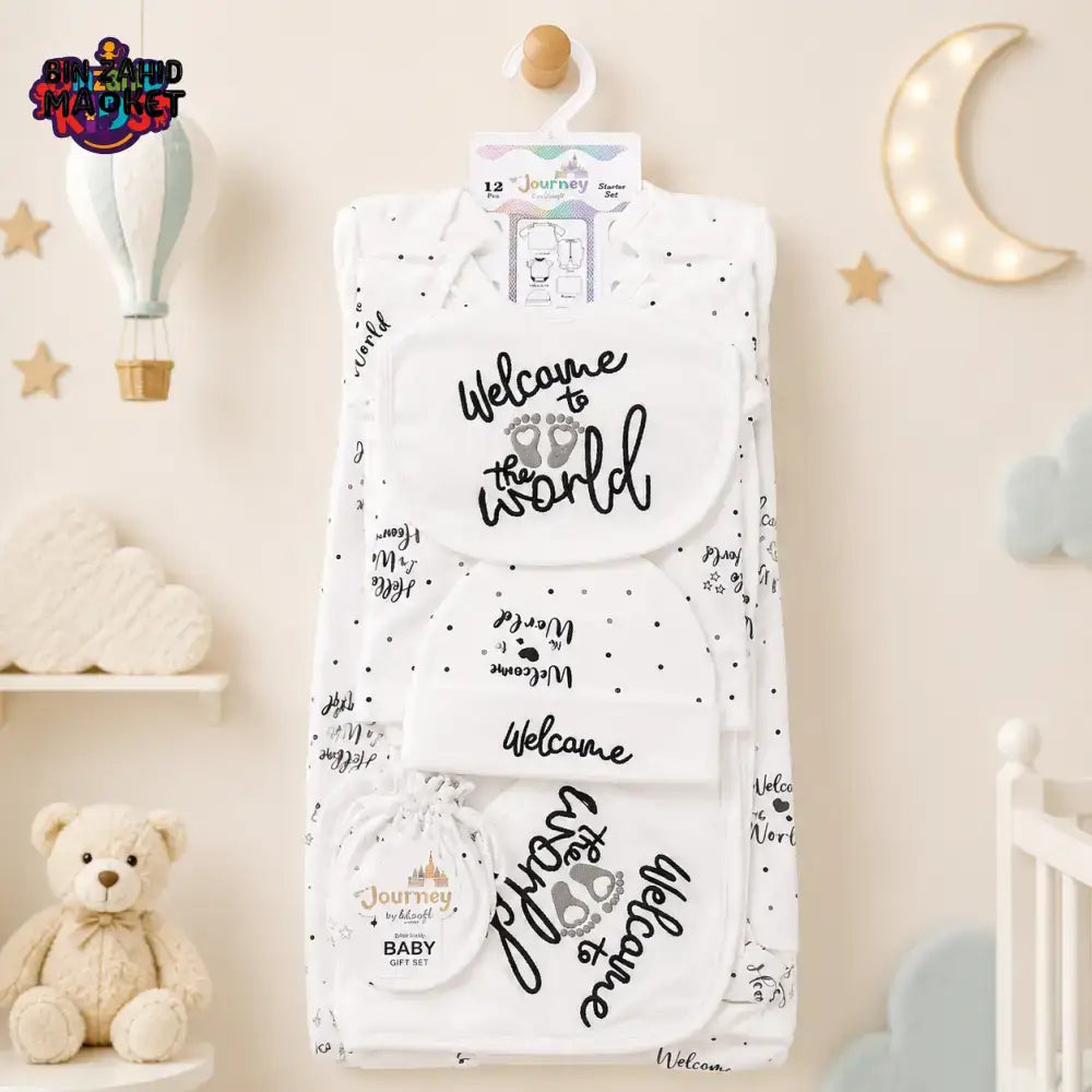 PREMIUM NEWBORN BABY STARTER GIFT SET – WELCOME TO THE WORLD DESIGN (WHITE & BLACK)