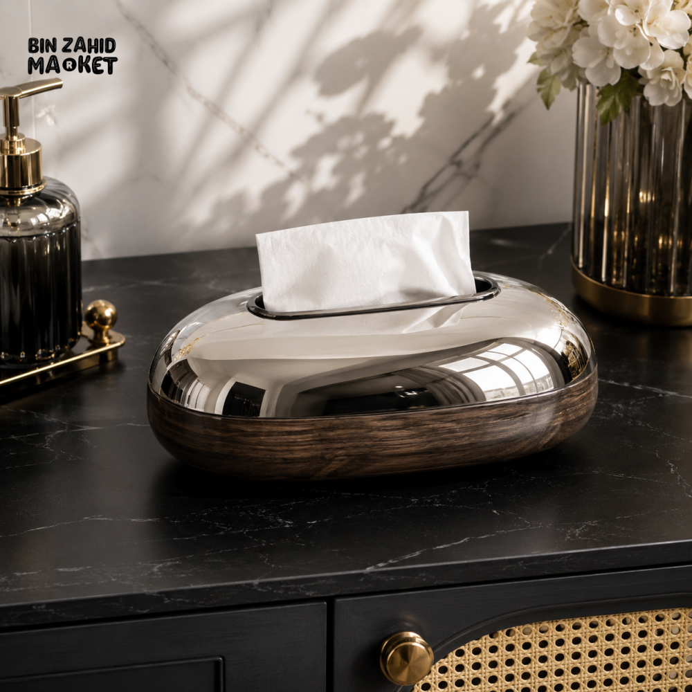 PREMIUM OVAL CHROME FINISH TISSUE STORAGE BOX WITH WOOD-GRAIN BASE
