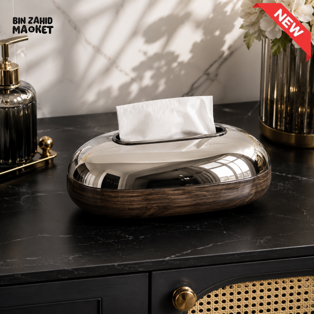 PREMIUM OVAL CHROME FINISH TISSUE STORAGE BOX WITH WOOD-GRAIN BASE