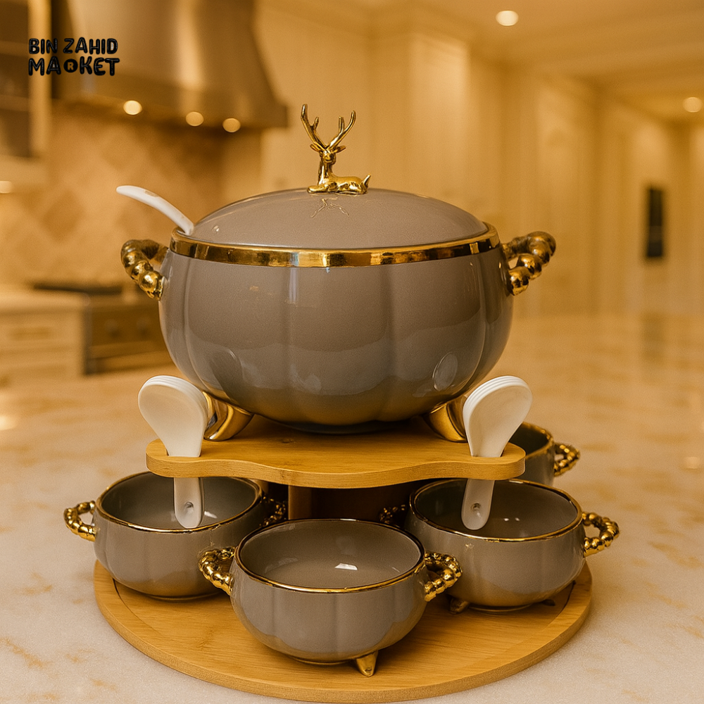 PREMIUM PORCELAIN SOUP SERVER 16PIECES – DEER KNOB LID LADLE & MATCHING BOWLS - BEIGE