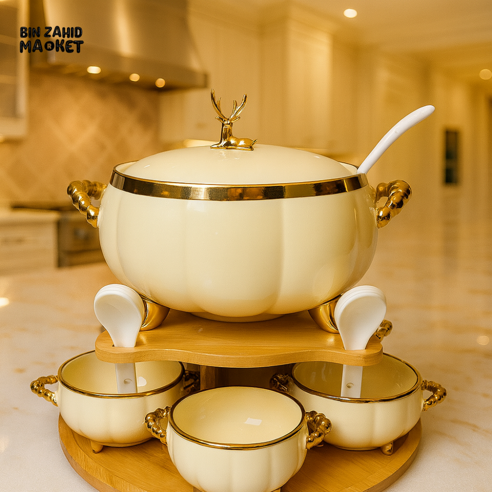 PREMIUM PORCELAIN SOUP SERVER 16PIECES – DEER KNOB LID LADLE & MATCHING BOWLS - CREAM