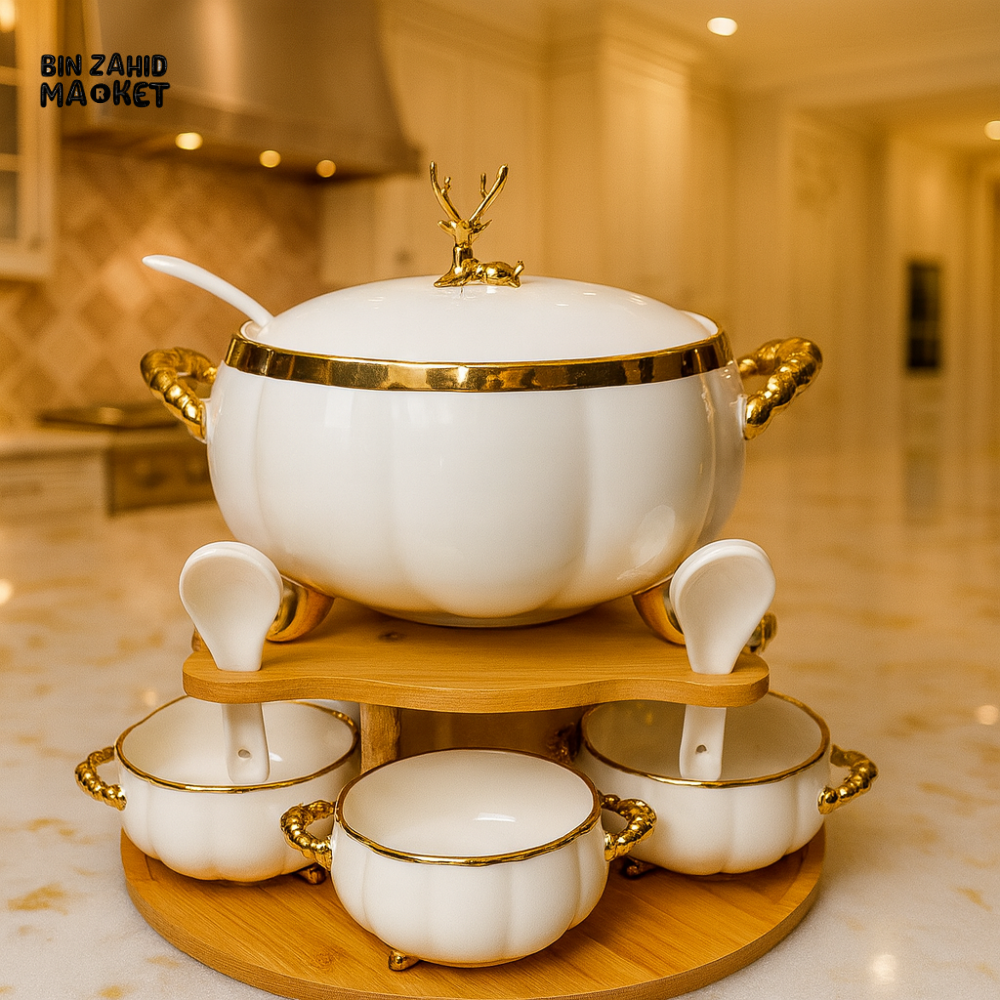 PREMIUM PORCELAIN SOUP SERVER 16PIECES – DEER KNOB LID LADLE & MATCHING BOWLS - WHITE