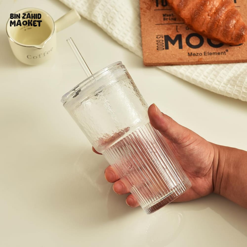 PREMIUM RIBBED CLEAR TUMBLER WITH LID & STRAW – LUXURY ICED MATCHA & COLD DRINK CUP FOR MODERN LIFESTYLE