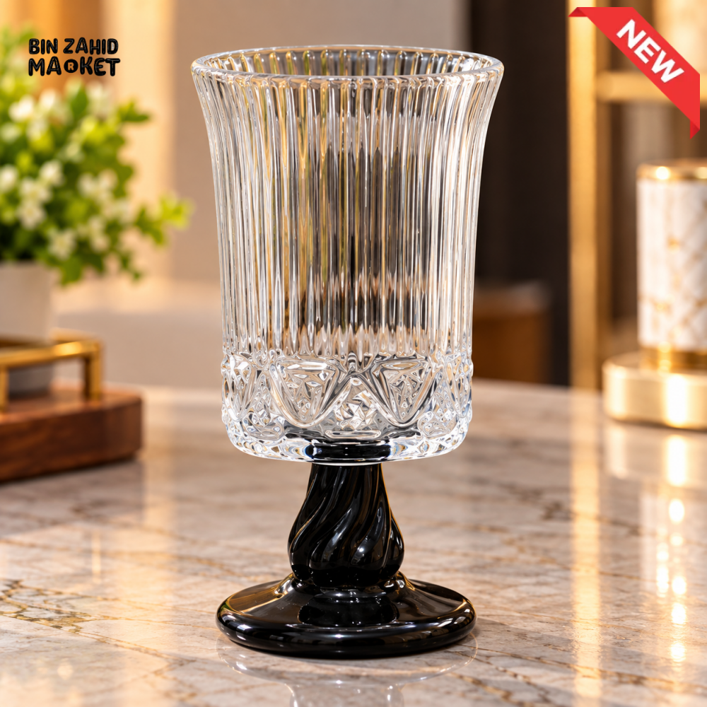 PREMIUM RIBBED GLASS GOBLET WITH BLACK PEDESTAL BASE