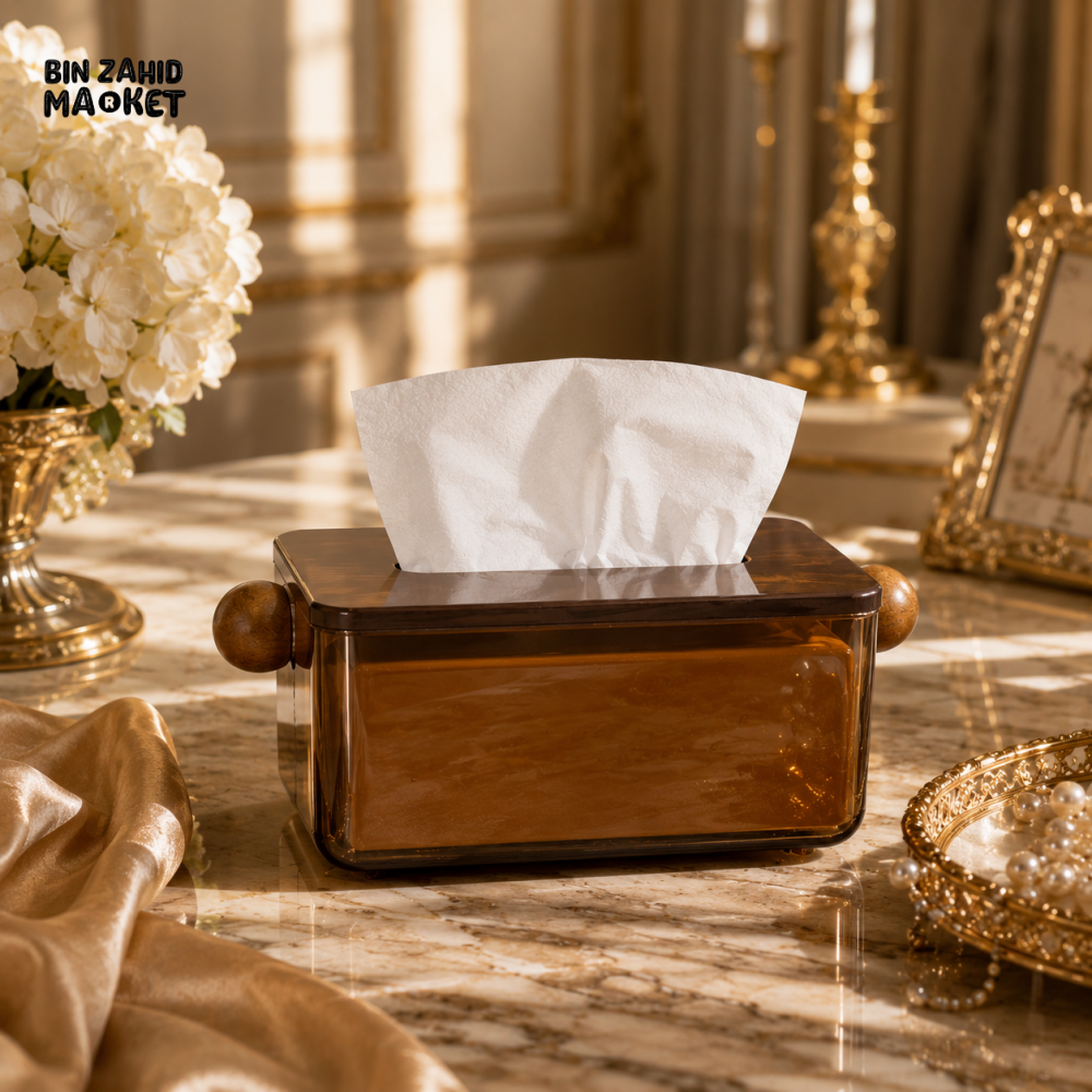 PREMIUM ROYAL AMBER TRANSPARENT TISSUE STORAGE BOX WITH WOOD-GRAIN HANDLE DESIGN