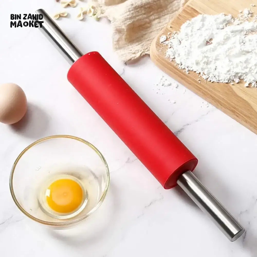 PREMIUM SILICONE ROLLING PIN – METAL CORE STAINLESS STEEL HANDLES NON-STICK ROTI BELAN