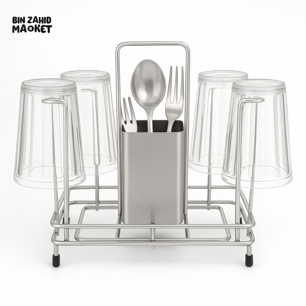 PREMIUM STAINLESS STEEL 6-GLASS & CUTLERY HOLDER STAND