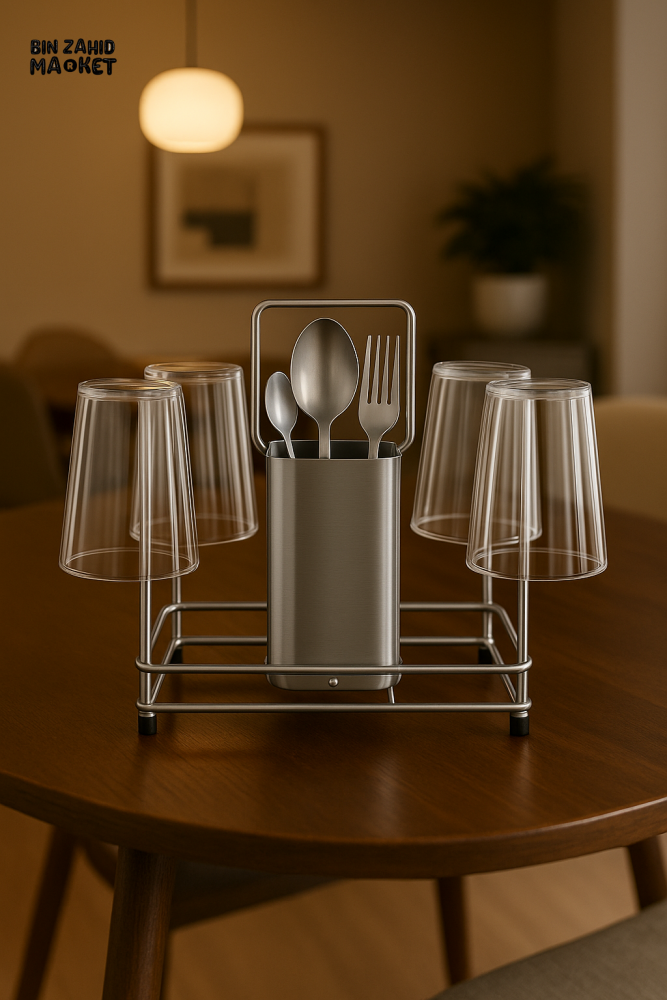 PREMIUM STAINLESS STEEL 6-GLASS & CUTLERY HOLDER STAND
