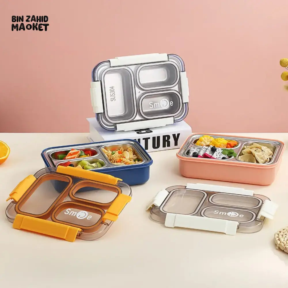 PREMIUM STAINLESS STEEL LUNCH BOX – 3 COMPARTMENTS LEAK-PROOF WITH SECURE LOCK INCLUDES SPOON & FORK