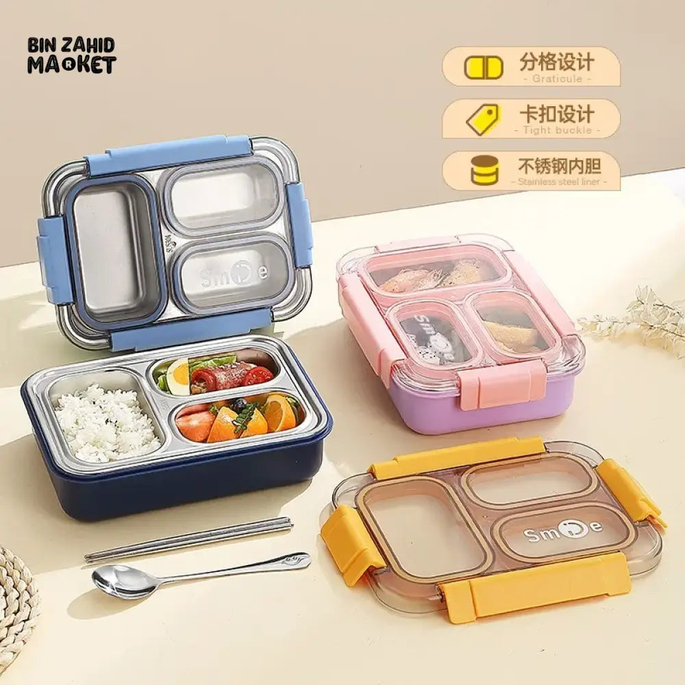 PREMIUM STAINLESS STEEL LUNCH BOX – 3 COMPARTMENTS LEAK-PROOF WITH SECURE LOCK INCLUDES SPOON & FORK