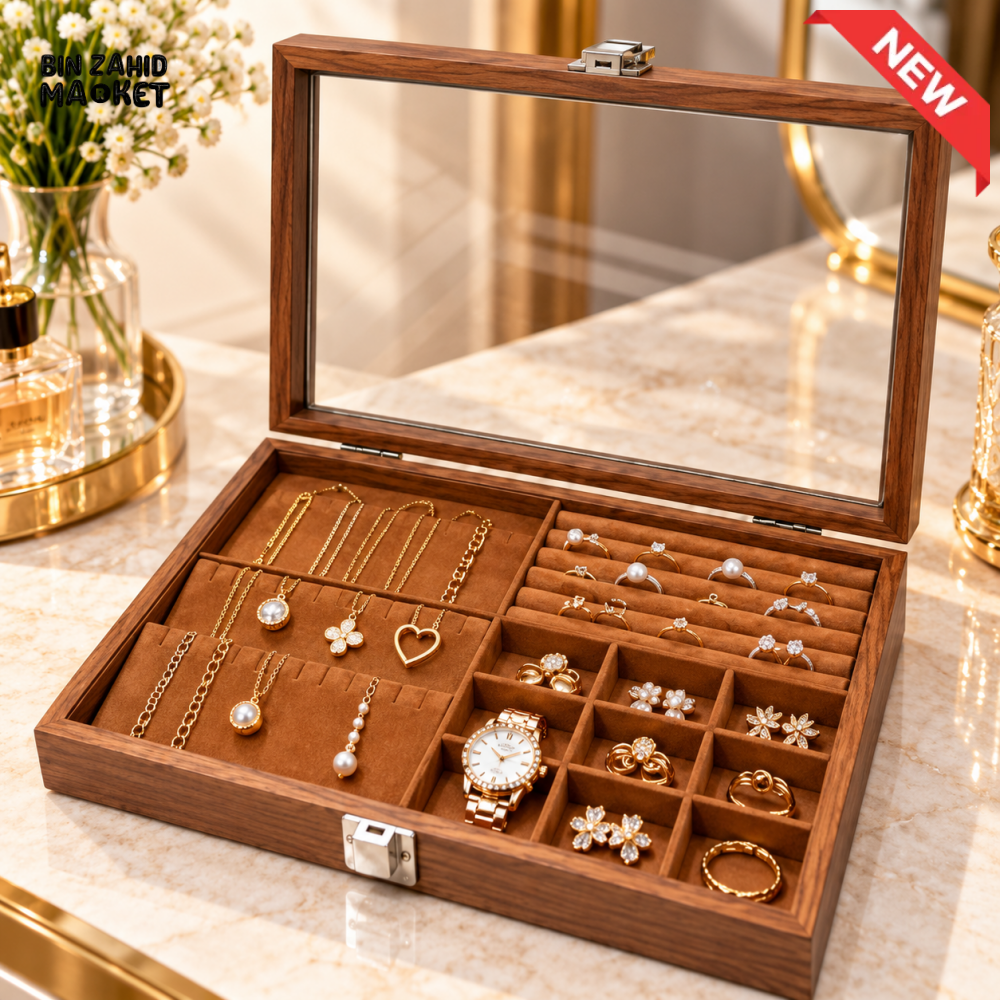 PREMIUM WOODEN JEWELRY ORGANIZER BOX WITH TRANSPARENT GLASS LID